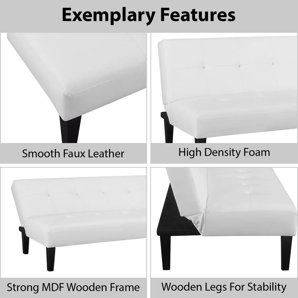 White Futon Sofa Bed, Faux Leather Futon Couch, Sofa Bed Couch Convertible with Wooden Legs, Button Tufted Futon Bed