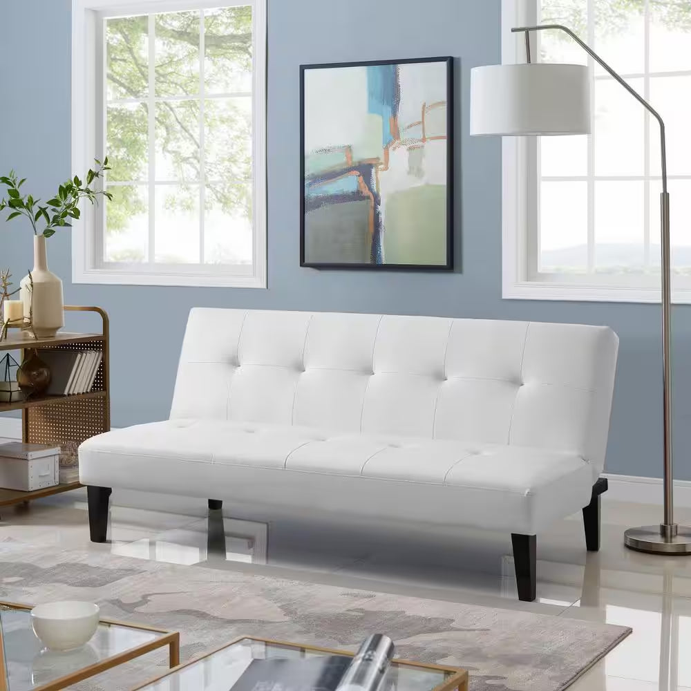 White Futon Sofa Bed, Faux Leather Futon Couch, Sofa Bed Couch Convertible with Wooden Legs, Button Tufted Futon Bed