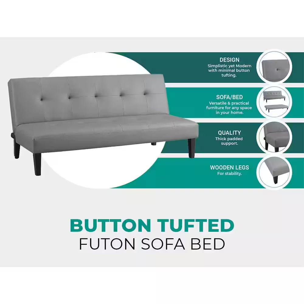 White Futon Sofa Bed, Faux Leather Futon Couch, Sofa Bed Couch Convertible with Wooden Legs, Button Tufted Futon Bed