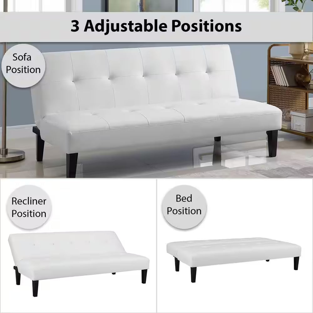 White Futon Sofa Bed, Faux Leather Futon Couch, Sofa Bed Couch Convertible with Wooden Legs, Button Tufted Futon Bed