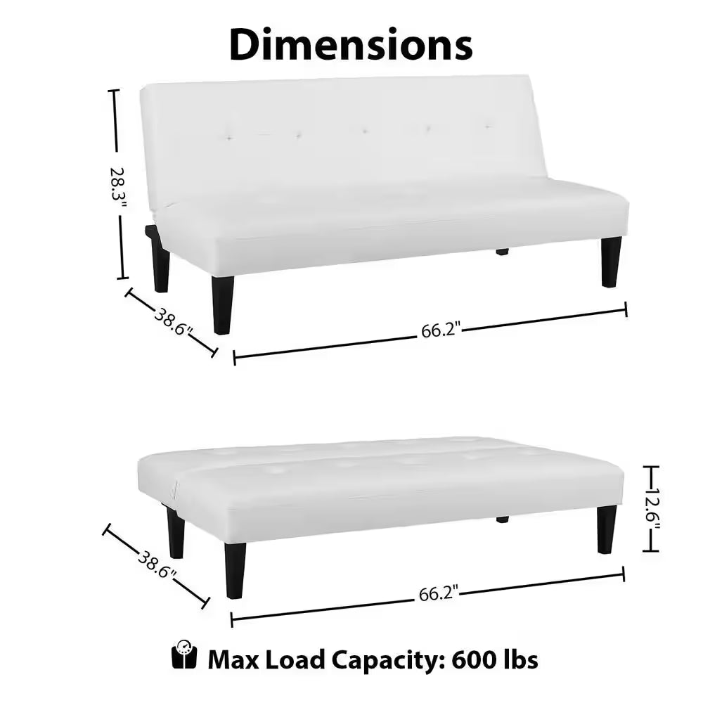 White Futon Sofa Bed, Faux Leather Futon Couch, Sofa Bed Couch Convertible with Wooden Legs, Button Tufted Futon Bed