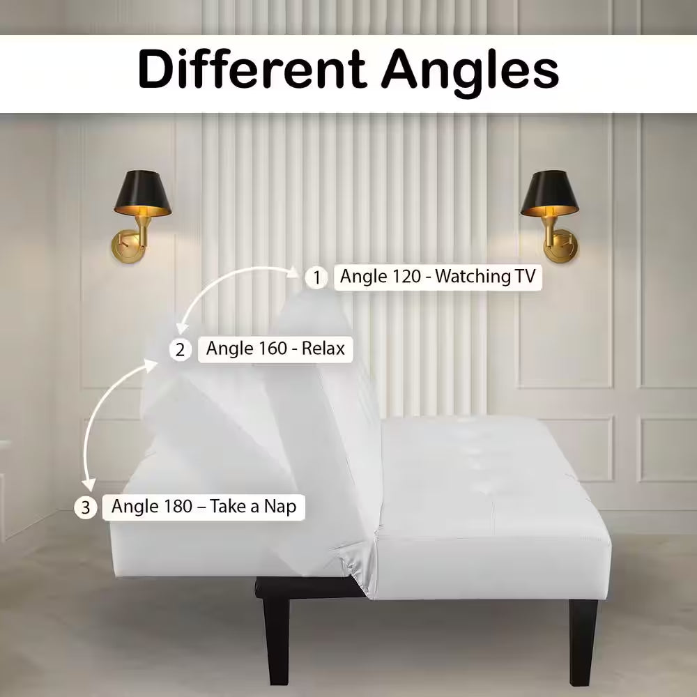 White Futon Sofa Bed, Faux Leather Futon Couch, Sofa Bed Couch Convertible with Wooden Legs, Button Tufted Futon Bed