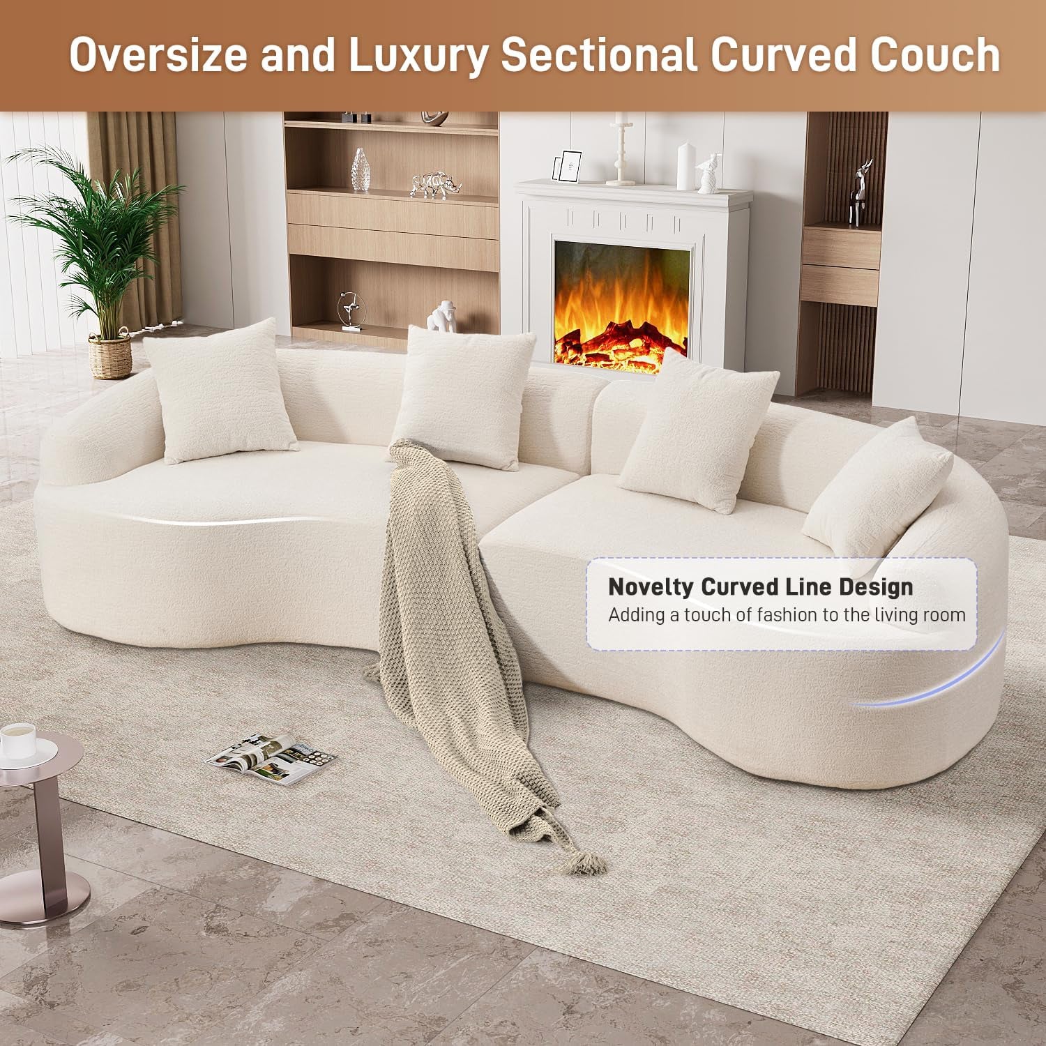 110" Oversized Sectional Sofa for Living Room, Modern Luxury Plush Chenille 4-Seater Extra Deep & Wide Seat Curved Cloud Couch with 4 Throw Pillows, No Assembly Needed, Cream White