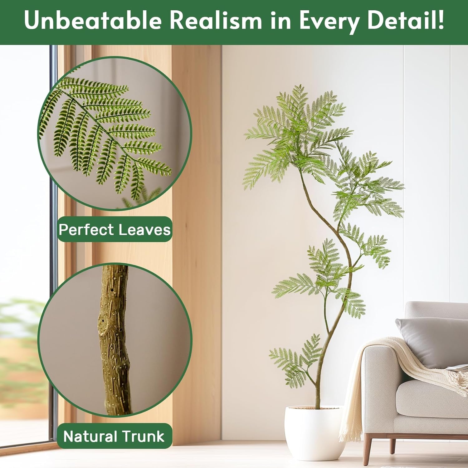 6.6Ft Artificial Tree Fake Jacaranda Tree,Faux Tall Lifelike Green Leaves Large Plants Indoor Fake Trees for Home Decor