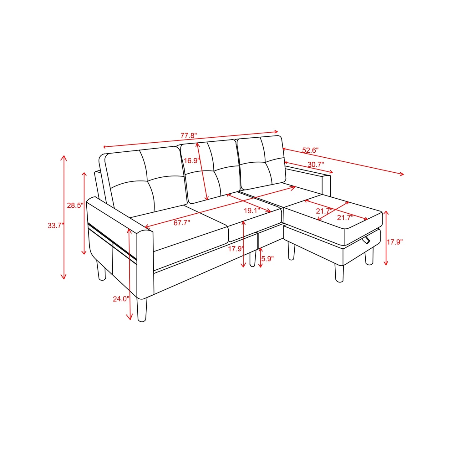 Linen Easy to Assemble Sectional Sofa, Brown