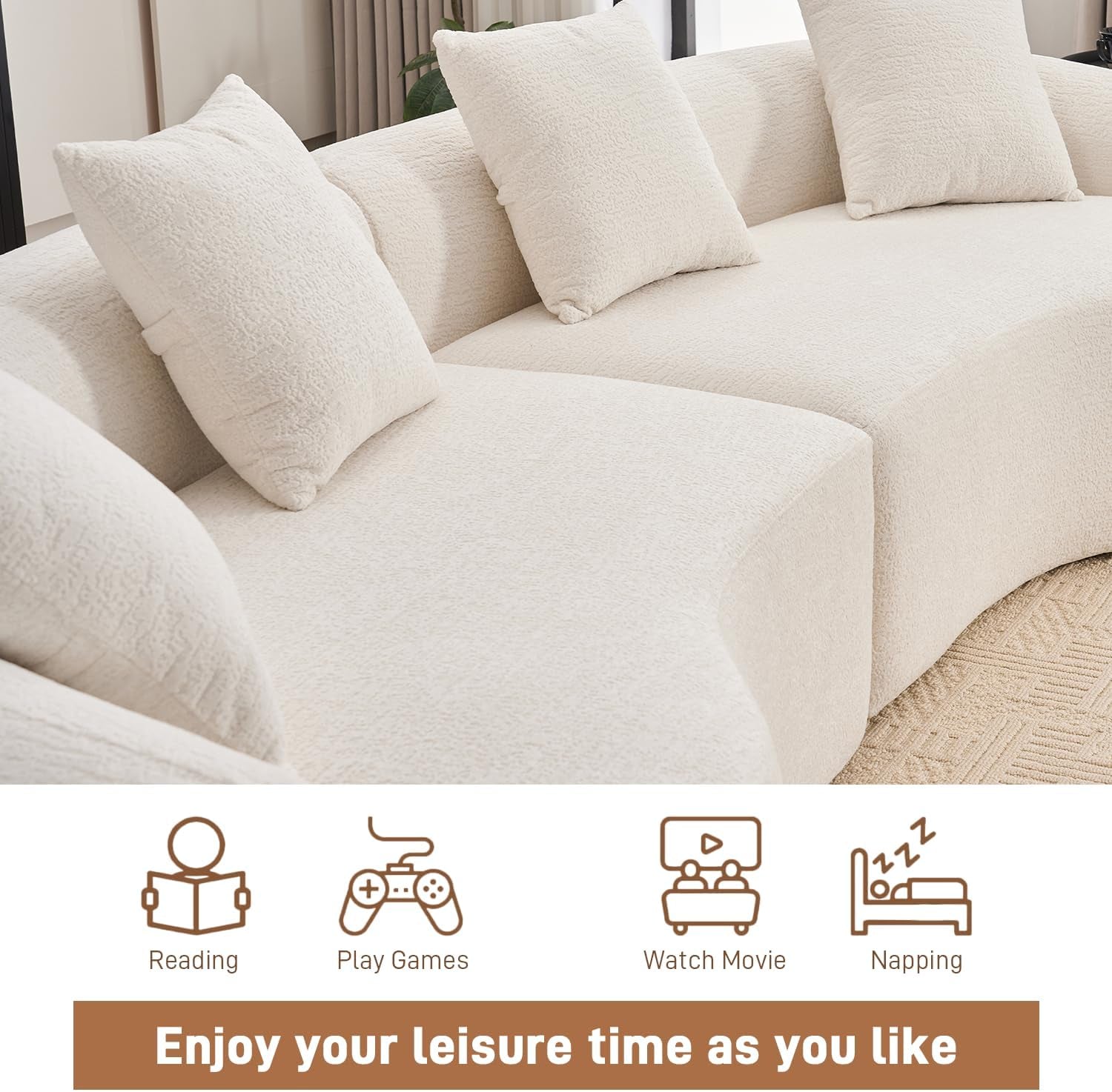 110" Oversized Sectional Sofa for Living Room, Modern Luxury Plush Chenille 4-Seater Extra Deep & Wide Seat Curved Cloud Couch with 4 Throw Pillows, No Assembly Needed, Cream White