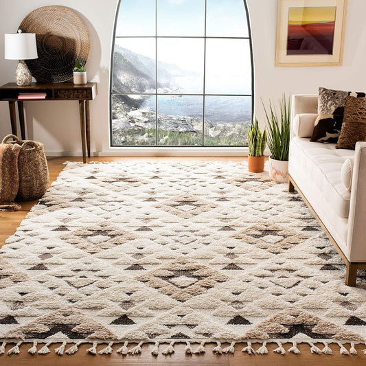 Moroccan Tassel Shag Collection Area Rug - 9' X 12', Ivory & Brown, Boho Design, Non-Shedding & Easy Care, 2-Inch Thick Ideal for High Traffic Areas in Living Room, Bedroom (MTS688A)
