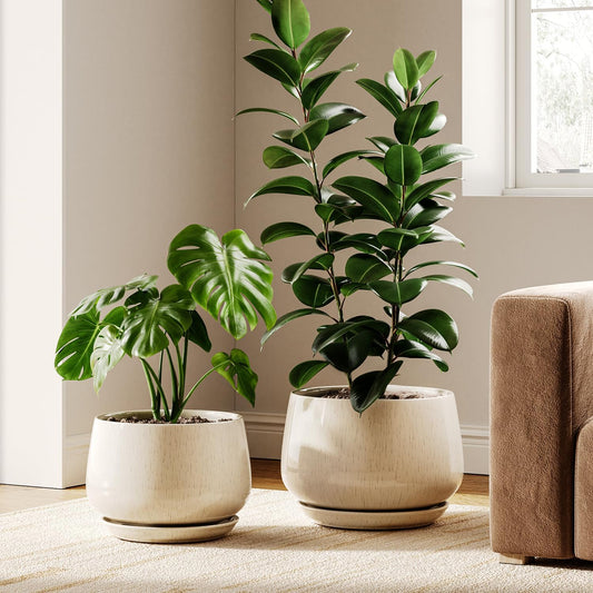 Ceramic Plant Pots, Set of 2, 10 + 12 Inch Plant Pot, Elegant Planters for Indoor Plants, Sturdy Planter with Drainage Hole and Saucers, Perfect for Home Decor, Reactive Glaze Beige