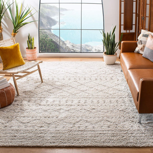 Arizona Shag Collection Area Rug - 9' X 12', Ivory & Beige, Moroccan Design, Non-Shedding & Easy Care, 1.6-Inch Thick Ideal for High Traffic Areas in Living Room, Bedroom (ASG741A)