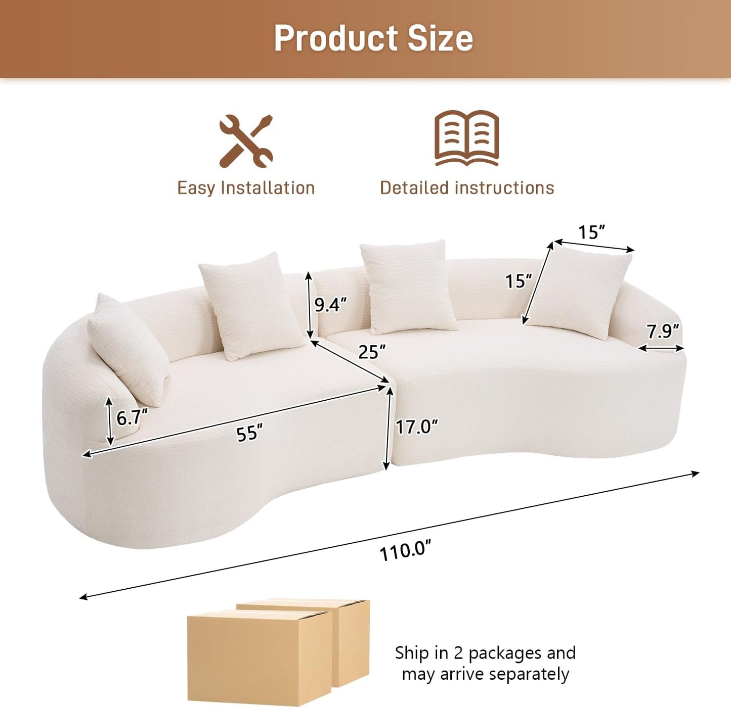 110" Oversized Sectional Sofa for Living Room, Modern Luxury Plush Chenille 4-Seater Extra Deep & Wide Seat Curved Cloud Couch with 4 Throw Pillows, No Assembly Needed, Cream White