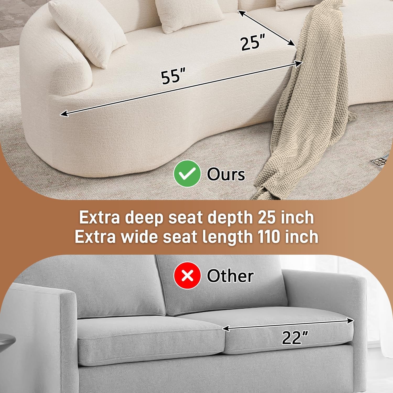 110" Oversized Sectional Sofa for Living Room, Modern Luxury Plush Chenille 4-Seater Extra Deep & Wide Seat Curved Cloud Couch with 4 Throw Pillows, No Assembly Needed, Cream White