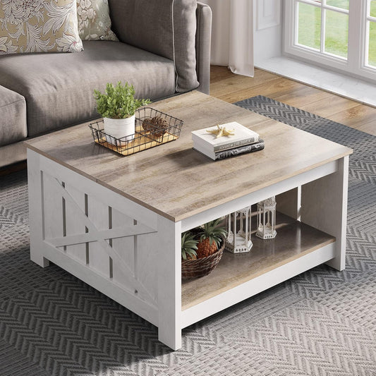 Coffee Table Farmhouse Coffee Table with Storage Rustic Wood Cocktail Table, Square Coffee Tables for Living Meeting Room with Half Open Storage Compartment, Grey Wash