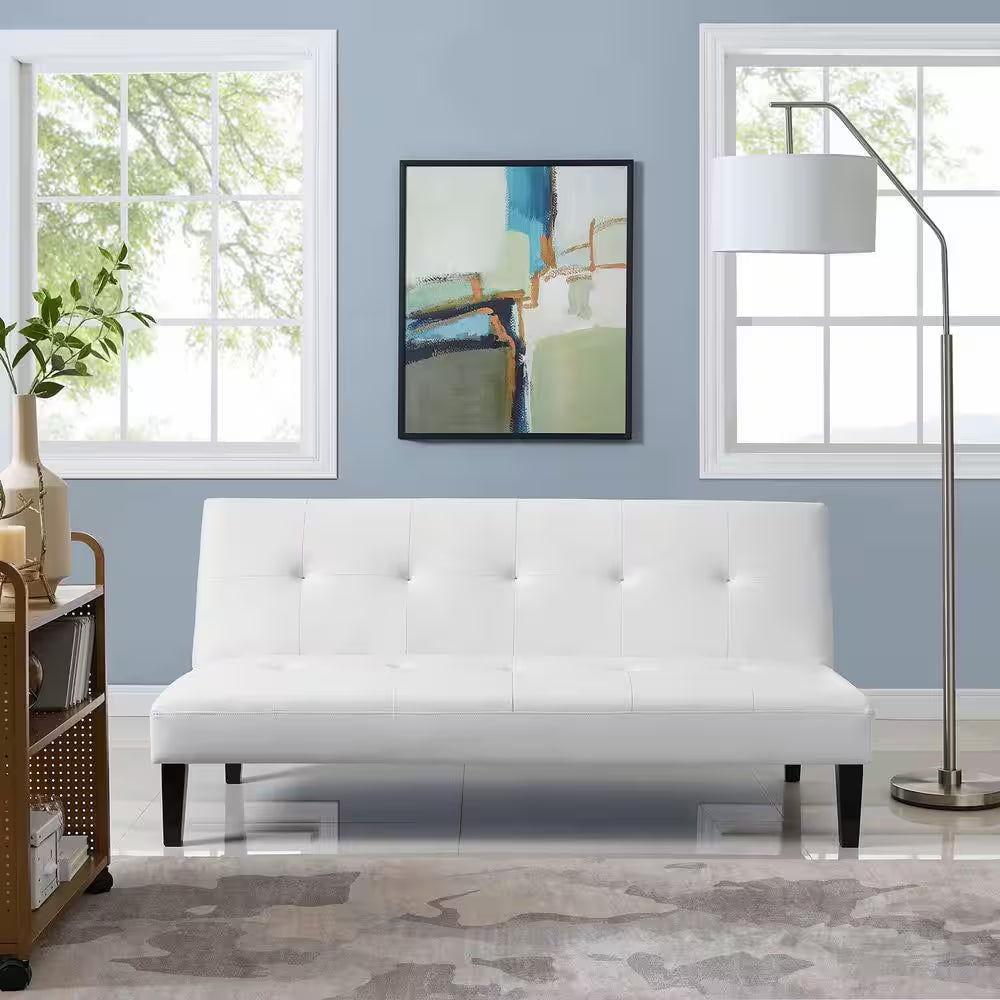 White Futon Sofa Bed, Faux Leather Futon Couch, Sofa Bed Couch Convertible with Wooden Legs, Button Tufted Futon Bed