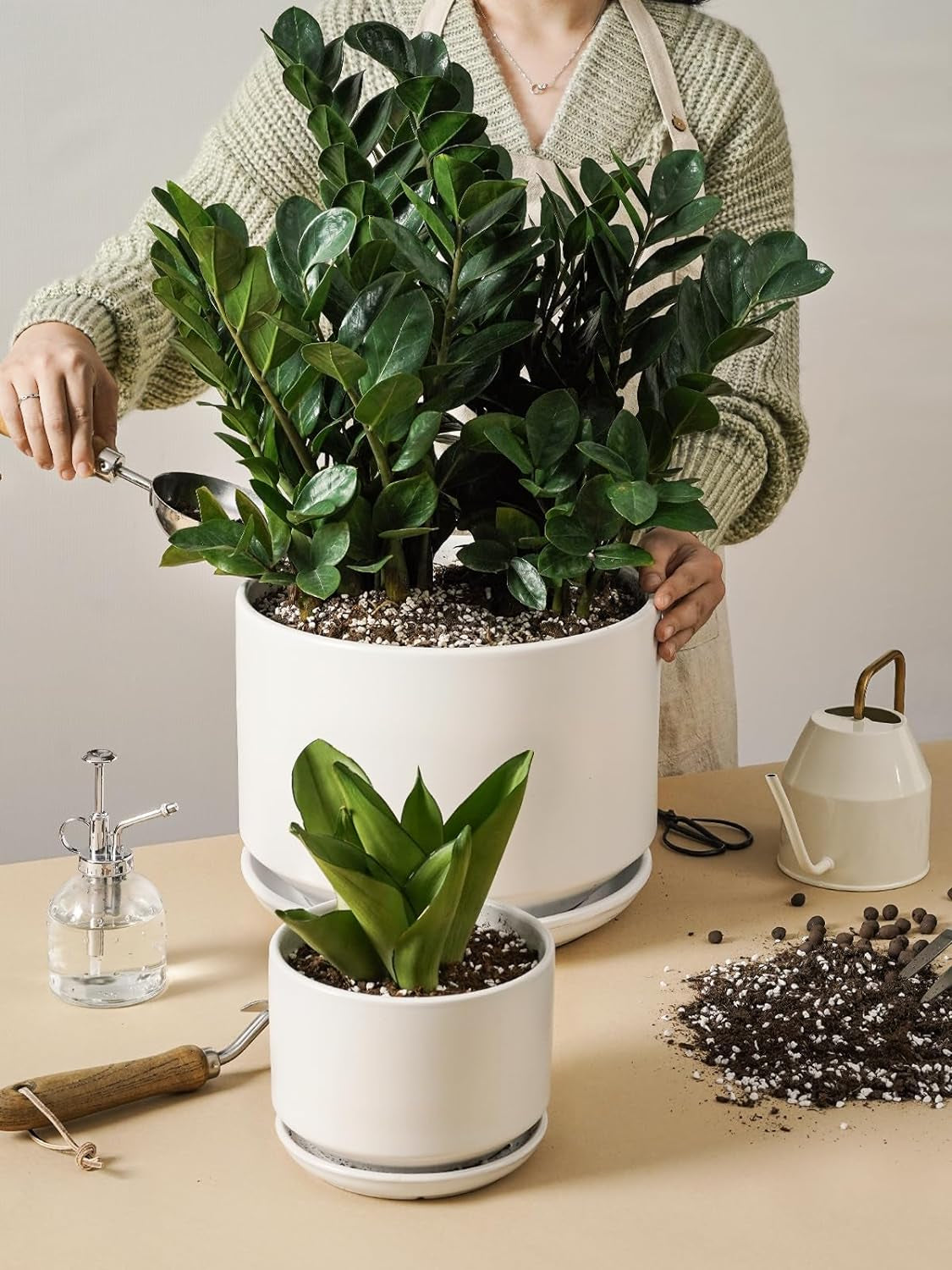 12 Inch Pots for Plants, Ceramic Indoor Plant Pots, Planters with Drainage Holes and Saucers, Flower Pots for Home & Office, White
