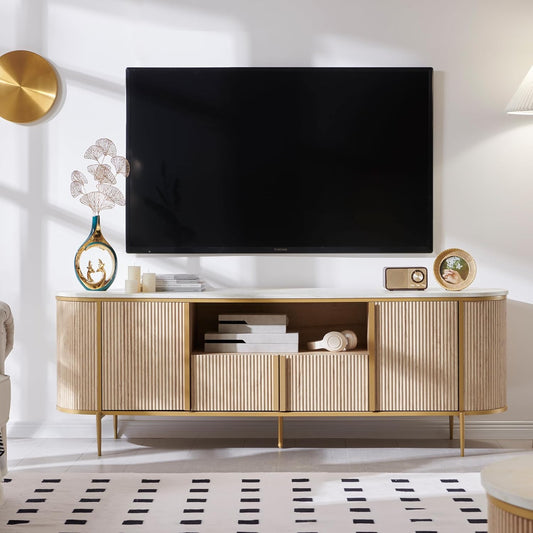 Luxury 70" Fluted TV Stand, Modern Chic Entertainment Center for Tvs up to 80 Inches, TV Console with Faux Marble Top, Curved Profile Design, Media Console for Living Room, Natural Oak