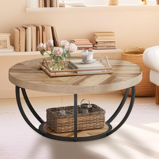 2-Tier round Coffee Table, Industrial Circle Coffee Table, Wooden Grain Center Table Sofa Side Table with Bottom Shelf for Living Room Wooden Color
