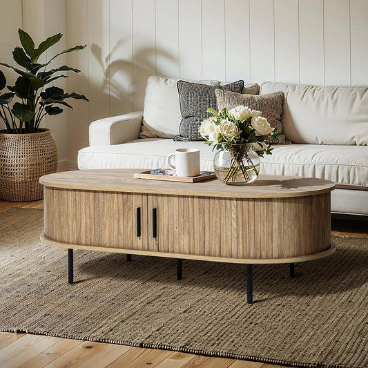 Luxenhome Oval Coffee Table with Storage, 47" Mid Century Modern Fluted Coffee Tables for Living Room, Wooden Sliding Door Boho Storage Center Table for Home, Office