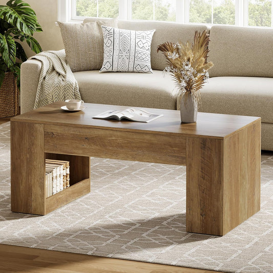 47" Farmhouse Coffee Table with Storage, Rectangular Wooden Center Table with Sturdy Base Cocktail Tea Furniture for Living Room (Rustic Brown)