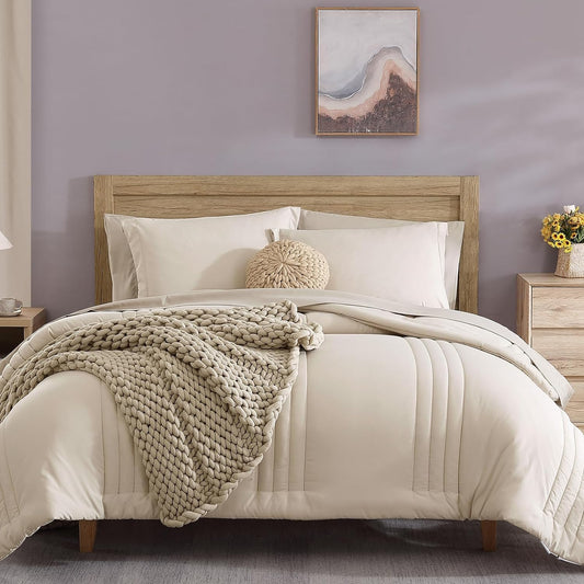 King Size Comforter Set - 7 Pieces Bed in a Bag King, Apricot Beige Bedding Sets with Comforter, All Seasons down Alternative Comforter Bed Set with Sheets, Pillowcases & Shams