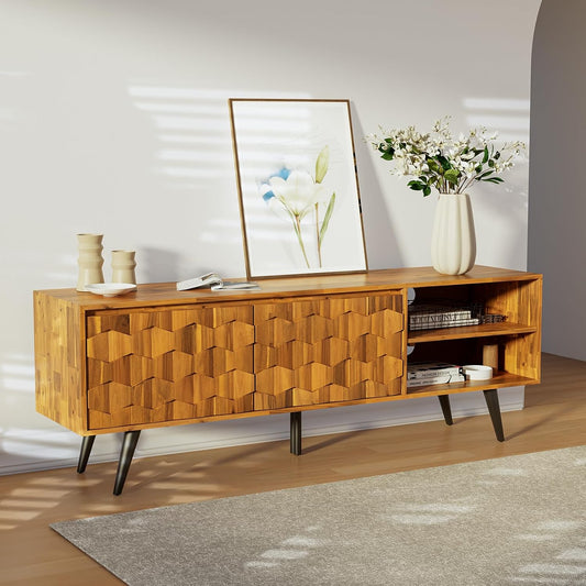 Georgina Solid Wood, 10 Minutes Assembly Entertainment Center with Storage Geometric Pattern Console for Living, Bedroom, Dining Room, TV Stand 65 Inch, Teak Brown