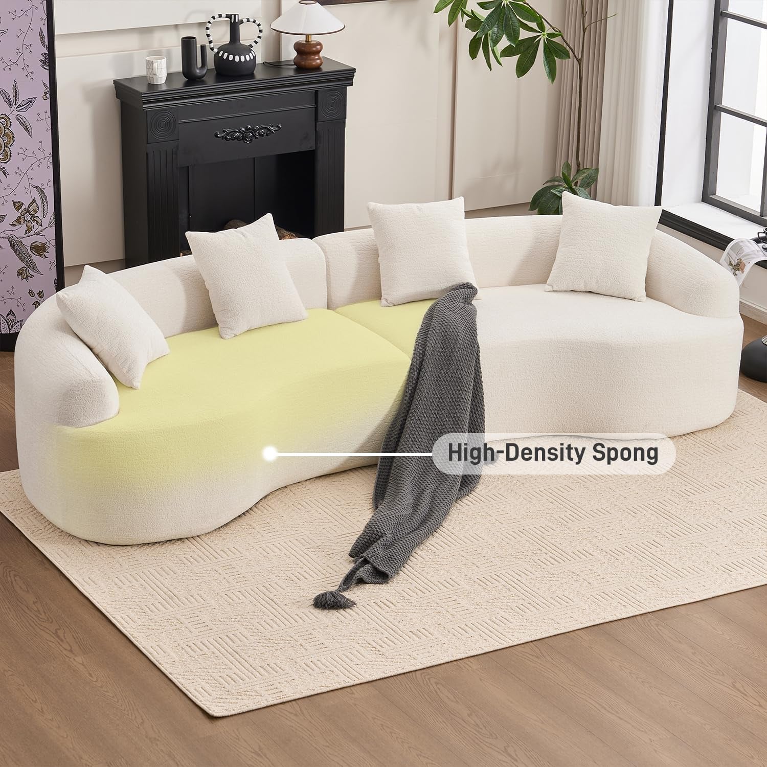 110" Oversized Sectional Sofa for Living Room, Modern Luxury Plush Chenille 4-Seater Extra Deep & Wide Seat Curved Cloud Couch with 4 Throw Pillows, No Assembly Needed, Cream White