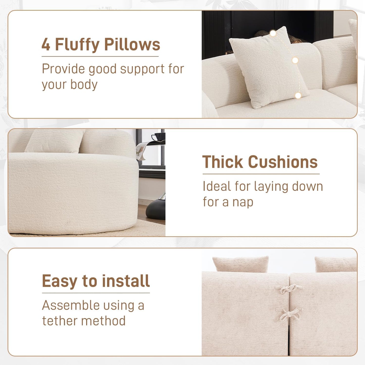 110" Oversized Sectional Sofa for Living Room, Modern Luxury Plush Chenille 4-Seater Extra Deep & Wide Seat Curved Cloud Couch with 4 Throw Pillows, No Assembly Needed, Cream White