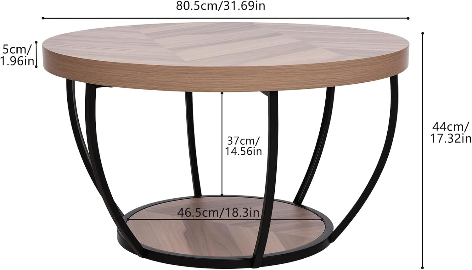 2-Tier round Coffee Table, Industrial Circle Coffee Table, Wooden Grain Center Table Sofa Side Table with Bottom Shelf for Living Room Wooden Color