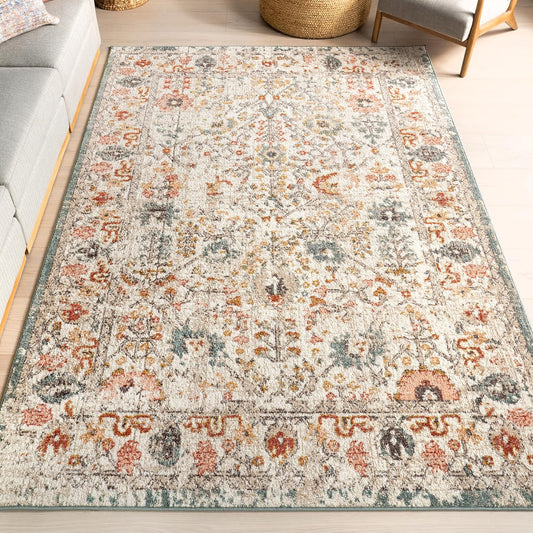 Performance Oriental Style Area Rug, Vintage Design, Durable, Easy to Clean, Lenore Beige, 9' X 12'