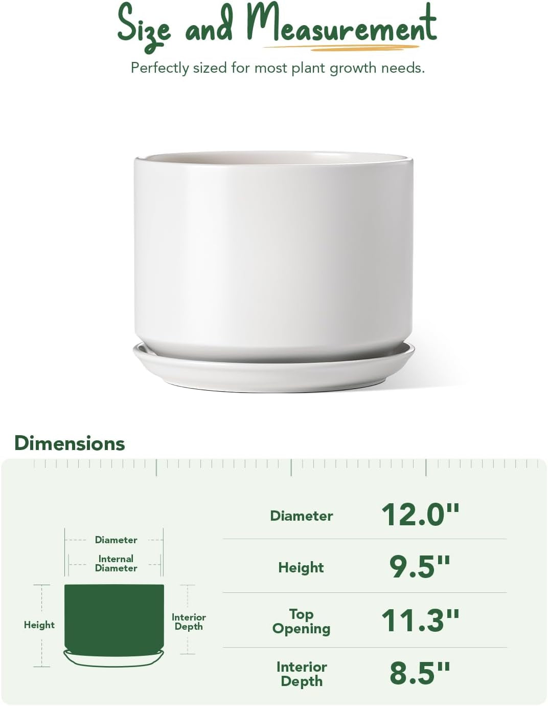 12 Inch Pots for Plants, Ceramic Indoor Plant Pots, Planters with Drainage Holes and Saucers, Flower Pots for Home & Office, White