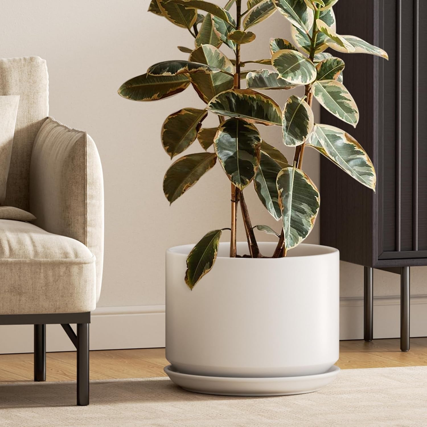 12 Inch Pots for Plants, Ceramic Indoor Plant Pots, Planters with Drainage Holes and Saucers, Flower Pots for Home & Office, White