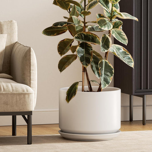 12 Inch Pots for Plants, Ceramic Indoor Plant Pots, Planters with Drainage Holes and Saucers, Flower Pots for Home & Office, White