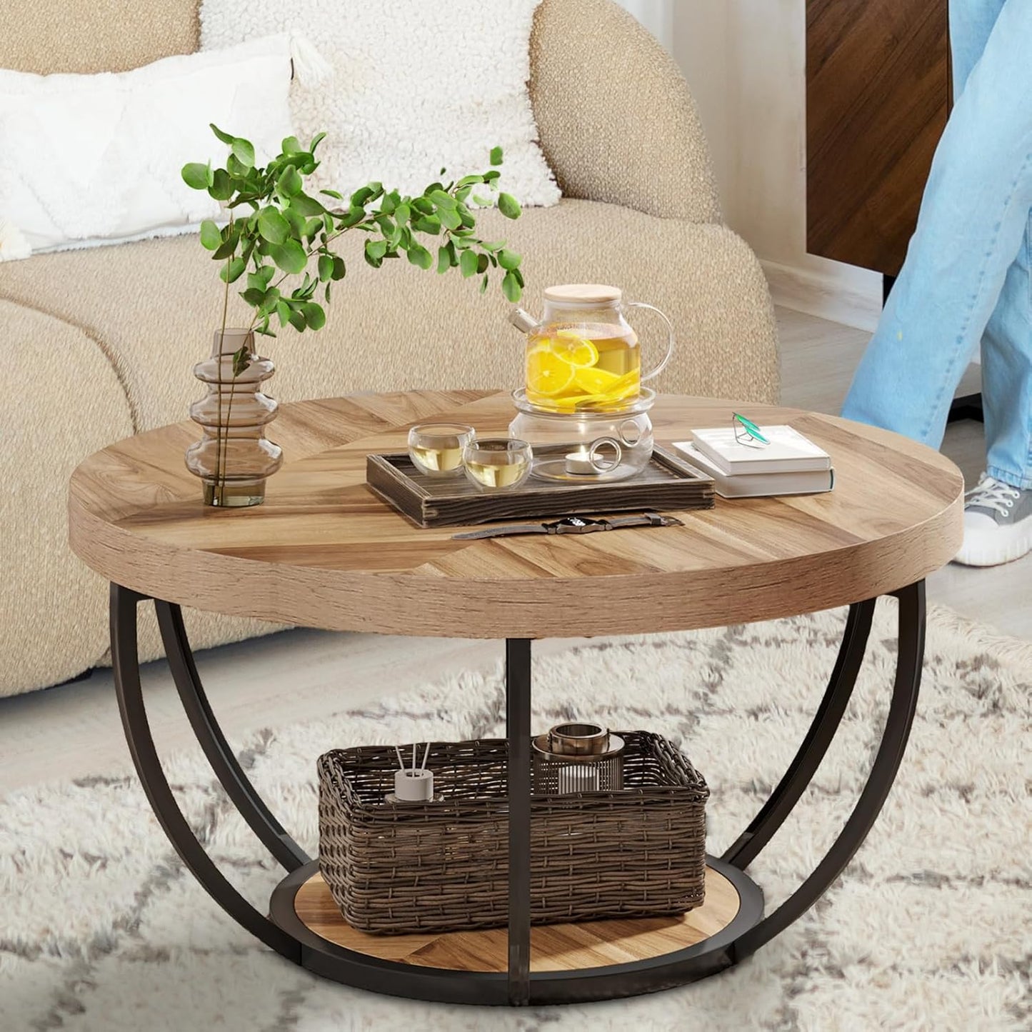 2-Tier round Coffee Table, Industrial Circle Coffee Table, Wooden Grain Center Table Sofa Side Table with Bottom Shelf for Living Room Wooden Color